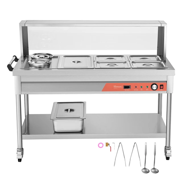 Alt view image 9 of 9 - Commercial Food Warmer, 5 Pans + 2 Pots Electric Steam Table, 1800W Professional Buffet Catering Food Warmer with Shield Undershelf Wheels, Stainless Steel Server for Party Restaurant Hotel