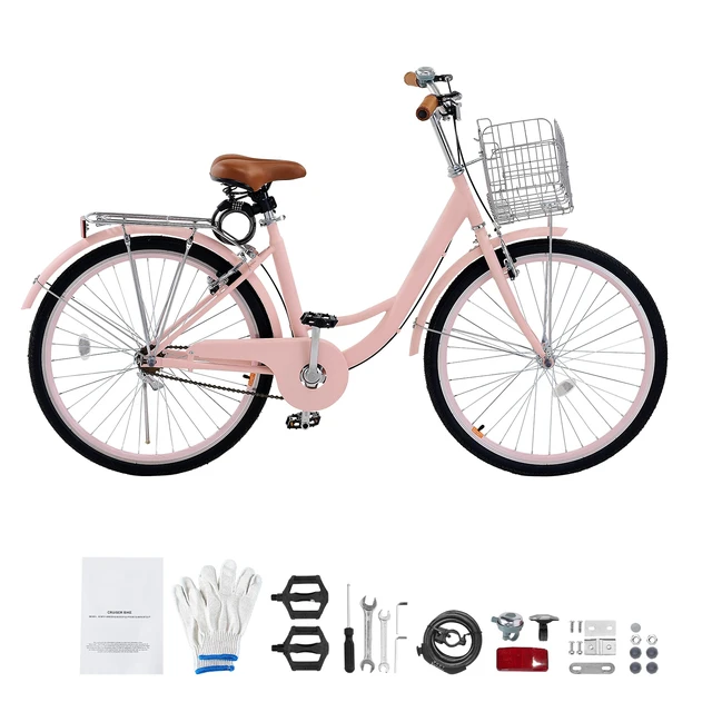 Alt view image 9 of 9 - VEVOR Cruiser Bike, 1-Speed, 26-Inch Pink Beach Cruiser Bike with Large Capacity Basket and Rear Rack, Secure & Sturdy Cruiser Bike with Adjustable Seat, Fits for Cycling, Exercise & Shopping