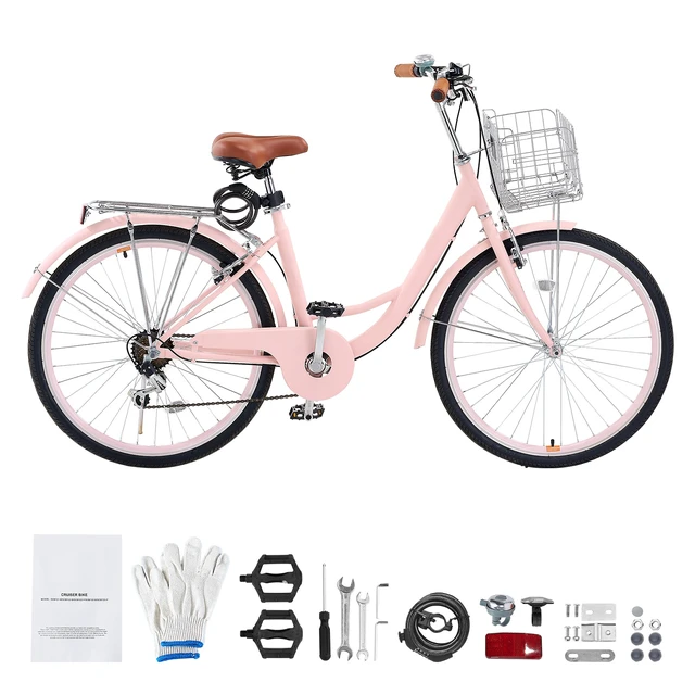 Alt view image 2 of 2 - VEVOR Cruiser Bike, 7-Speed, 26-Inch Pink Beach Cruiser Bike with Large Capacity Basket and Rear Rack, Secure & Sturdy Cruiser Bike with Adjustable Seat, Fits for Cycling, Exercise & Shopping