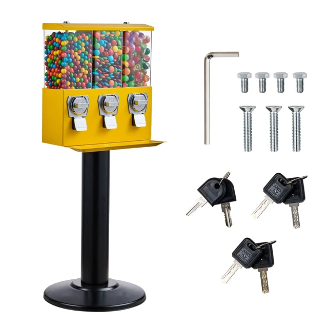 Alt view image 10 of 10 - Commercial Vending Machine, Triple Compartment Candy Dispenser with Iron Stand, Gumball and Candy Machine for Business, Coin Operated Gumball Bank for Toy Capsules Bouncy Balls Candy Nut, Yellow