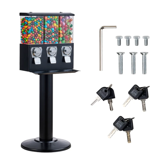 Alt view image 8 of 8 - Commercial Vending Machine, Triple Compartment Candy Dispenser with Iron Stand, Gumball and Candy Machine for Business, Coin Operated Gumball Bank for Toy Capsules Bouncy Balls Candy Nut, Black