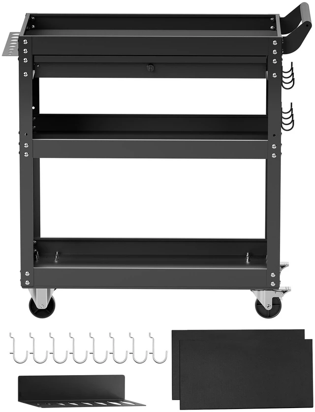 Alt view image 8 of 8 - 4-Tier Tool Cart with Wheels, 350 lbs Load Capacity, Rolling Work Cart with Drawer & Pegboard, Mechanic Tool Storage Organizer with Locking System for Garage, Warehouse and Repair Shop, Black