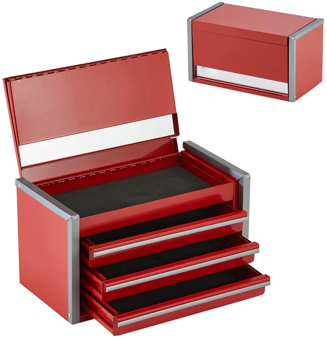 Alt view image 8 of 8 - Metal Tool Box, 8.6-inch, Portable Metal Tool Box with 3 Drawers, Small Tool Chest with EVA Liners and PP Feet Pads, Heavy-Duty Steel With Ball Bearing Opening and Powder Coated Finish, Red