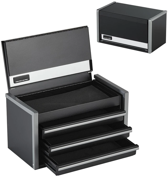 Alt view image 15 of 15 - Metal Tool Box, 8.6-inch, Portable Metal Tool Box with 3 Drawers, Small Tool Chest with EVA Liners and PP Feet Pads, Heavy-Duty Steel With Ball Bearing Opening and Powder Coated Finish, Black