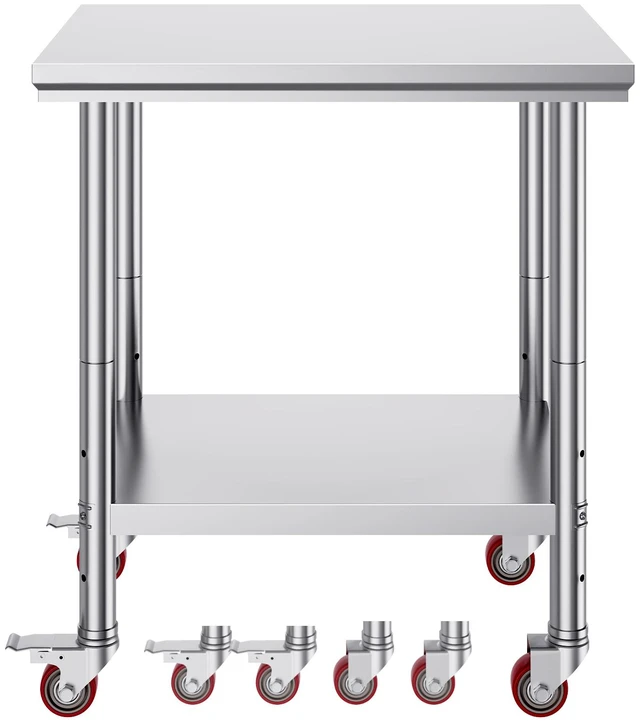 Alt view image 8 of 8 - Stainless Steel Work Table 30 x 24 x 33 Inch, 700 LBS Load Capacity with 4 Wheels, 3 Adjustable Height Levels, Heavy Duty Food Prep Worktable for Commercial Kitchen Restaurant, Silver