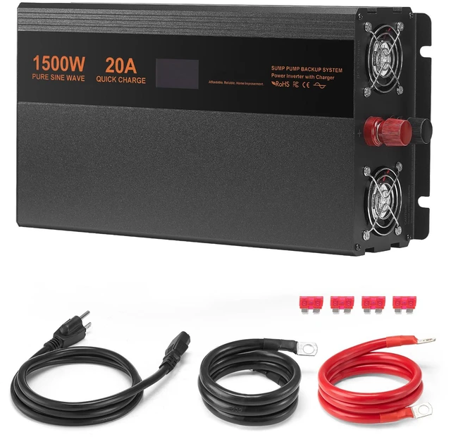 Alt view image 15 of 15 - Sump Pump Battery Backup System, 1500W, Auto Switches to Battery Inverter for Continuous Sump Pump Operation, Pure Sine Wave, LCD Display, for Basement Protection Emergency and Power Outage