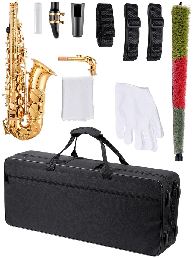Alt view image 10 of 10 - Alto Saxophone, E Flat, Brass Saxophone Beginner Kit with Carrying Case, Mouthpiece, Straps, Cleaning Cloth Rod, Gloves, Grease, Neck Strap, 23 Keys Alto Sax Kit, for Beginners Students, Gold