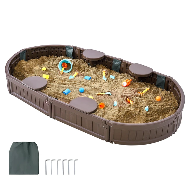Alt view image 8 of 8 - Sandbox with Cover, 72 x 41.5 x 9.1 in Oval Sand Box, HDPE Sand Pit with 4 Corner Seating and Bottom Liner, Kids Sandbox for Outdoor Backyard, Beach, Park, Gift for Boys Girls Ages 3-12, Brown