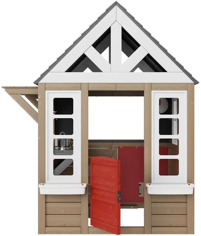 Alt view image 16 of 16 - Outdoor Wooden Playhouse, Modern Cedar Playhouse for Age 2-10 Years Kids, Garden Games Cottage, Country Style Cedar Playhouse with Working Door, Window, Flower Pot Holder, Grill, Stove, and Sink