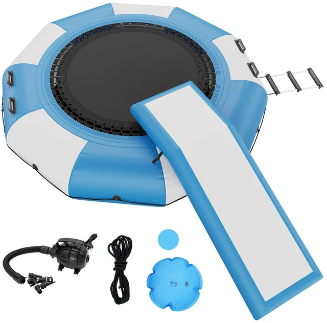 Alt view image 8 of 8 - Inflatable Water Bouncer, 10ft Recreational Water Trampoline, Portable Bounce Swim Platform with Slide, 3-Step Ladder & Electric Air Pump, Kid Adult Floating Rebounder for Pool Lake Water Sports