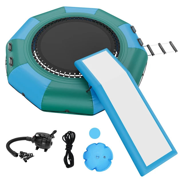 Alt view image 11 of 11 - Inflatable Water Bouncer, 10ft Recreational Water Trampoline, Portable Bounce Swim Platform with Slide, 3-Step Ladder & Electric Air Pump, Kid Adult Floating Rebounder for Pool Lake Water Sports
