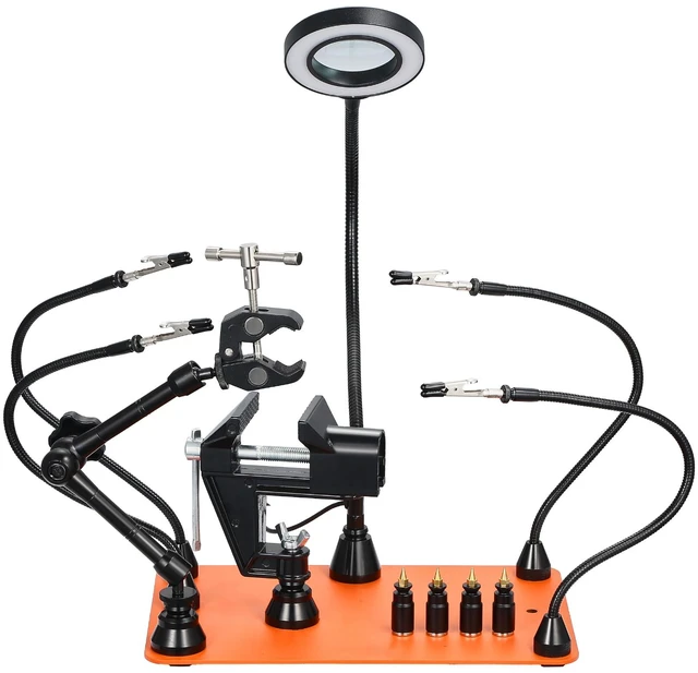 Alt view image 8 of 8 - Magnetic Helping Hands Soldering Station, 4 Arms Third Hand Tool, with Vise, 3X LED Magnifying Lamp, 4 PCB Holder & 360 Hot Air Gun Holder, Soldering Helper for Electronic Repair Craft Hobby DIY