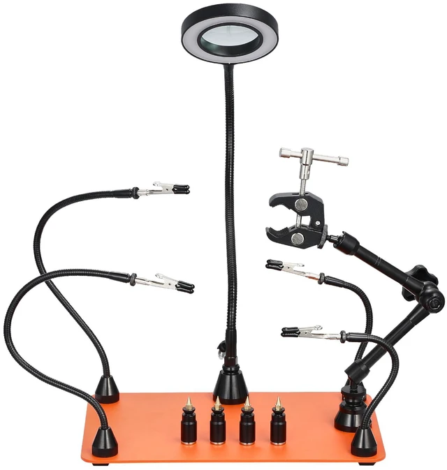 Alt view image 15 of 15 - Magnetic Helping Hands Soldering Station, Third Hand Soldering Tool with 3X LED Magnifying Lamp, 4 PCB Holders & 360 Hot Air Gun Holder, Heavy-Duty Base Station for Electronic Repair Craft Hobby