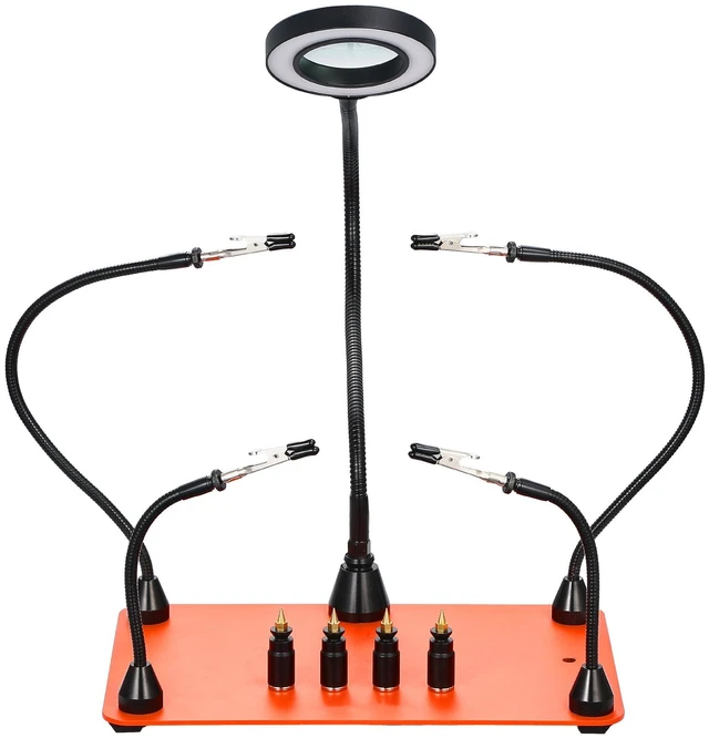 Alt view image 15 of 15 - Magnetic Helping Hands Soldering Station, 4 Flexible Arms Third Hand Soldering Tool, with 3X LED Magnifying Lamp, 4 PCB Pillar Holder & Heavy-Duty Base, Electronic Repair Craft Hobby DIY