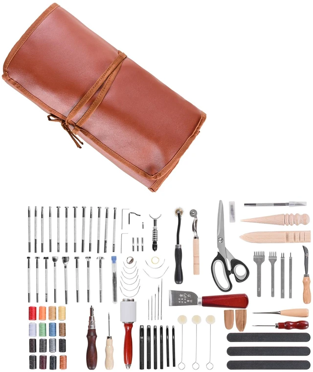 Alt view image 8 of 8 - Leather Working Tools Kit, 92 PCS Leather Craft Tools with Portable Leather Storage Bag, Engraving Punching Sewing Stamping Sanding Tools, Ideal for Beginners DIY Enthusiasts and Professionals