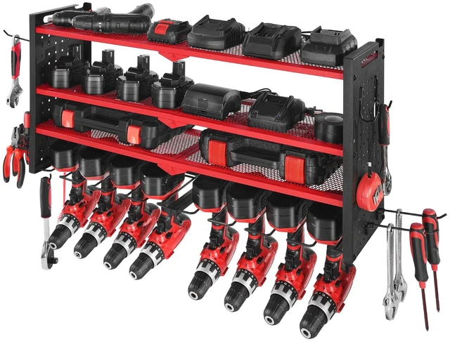 Alt view image 9 of 9 - Power Tool Organizer Wall Mount, 4-Layer Storage Rack with 8 Drill Holders, Tools Holder and Storage Rack with Side Pegboards, Garage Tool Organizer for Garage, Workbench, and Workshop