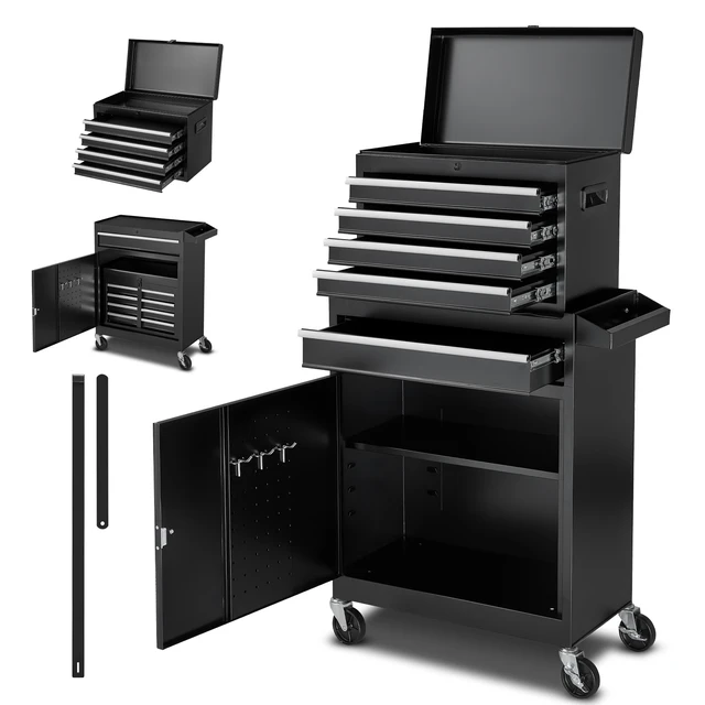 Alt view image 8 of 8 - Rolling Tool Chest, 2-in-1 Design, 5 Drawers Tool Cabinet Organizer with Detachable Top Metal Toolbox, Lock Bar, Protective Liner, and Tools Rack, Garage Storage Cabinet for Warehouse, Workshop