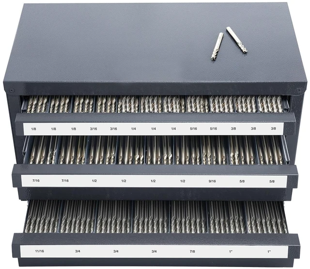 Alt view image 8 of 8 - Three-Drawer Steel Cabinet for End Mill Organization, Accommodates 1/8" to 1", Features 29 Compartments with Labels, Stackable Design for Efficient Storage