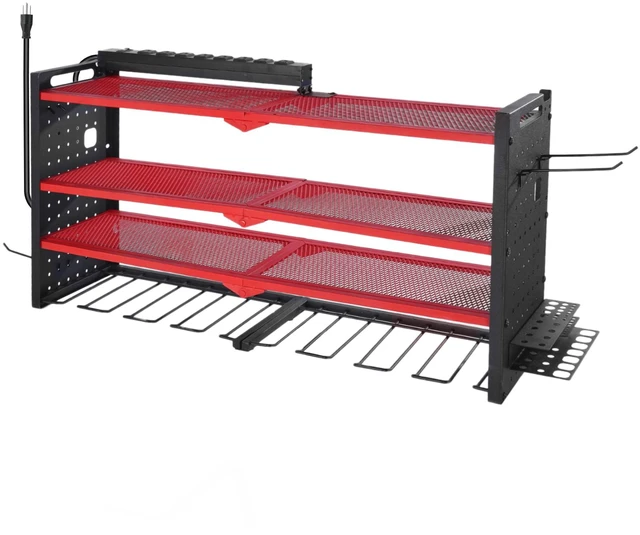 Alt view image 8 of 8 - Power Tool Organizer with Charging Station, 4-Layer Drill Storage Rack with 8 Drill Holders & Side Pegboard, Garage Tool Organizer Built in 8 Outlet Power Strips for Garage, Workbench, Workshop