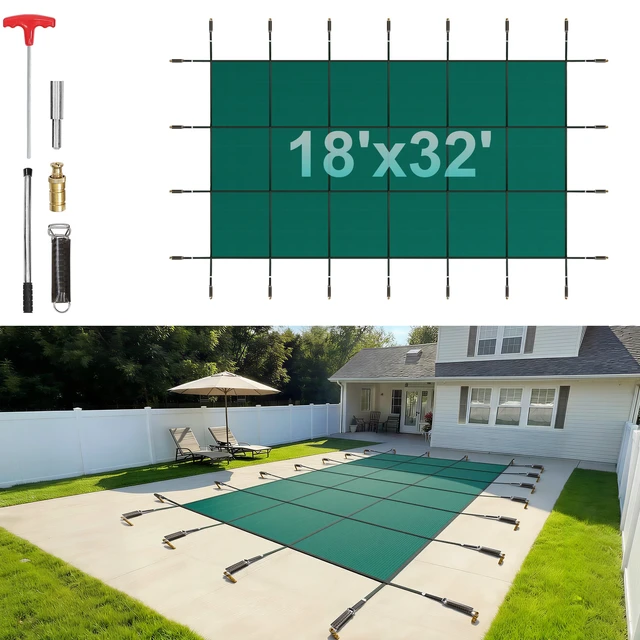 Alt view image 8 of 8 - Pool Safety Cover Fits 16x30ft Rectangle Inground Pools, Safety Pool Cover with Drainage Holes, Mesh Solid Pool Cover for Swimming Pool, Winter Safety Cover, Green