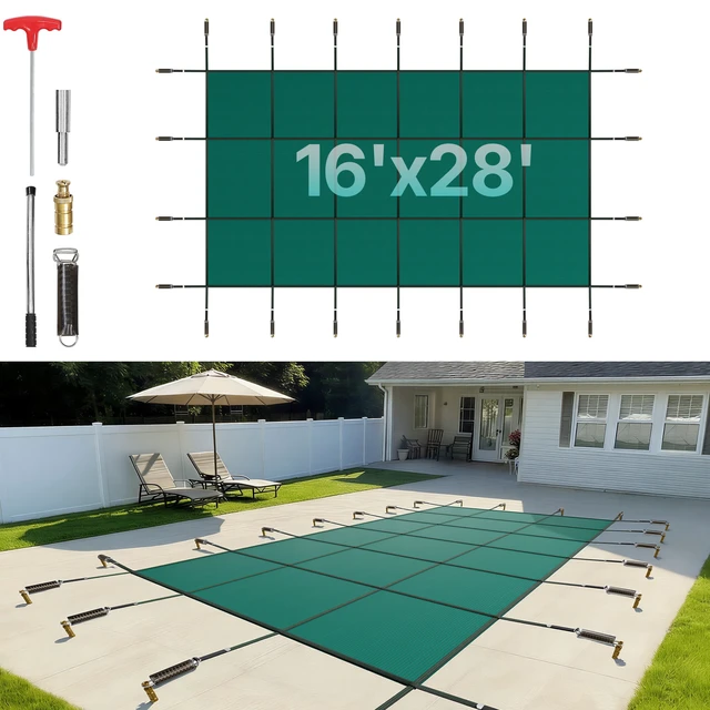 Alt view image 8 of 8 - Pool Safety Cover Fits 14x26ft Rectangle Inground Pools, Safety Pool Cover with Drainage Holes, Mesh Solid Pool Cover for Swimming Pool, Winter Safety Cover, Green
