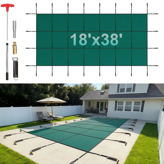 Alt view image 8 of 8 - Pool Safety Cover Fits 16x36ft Rectangle Inground Pools, Safety Pool Cover with Drainage Holes, Mesh Solid Pool Cover for Swimming Pool, Winter Safety Cover, Green