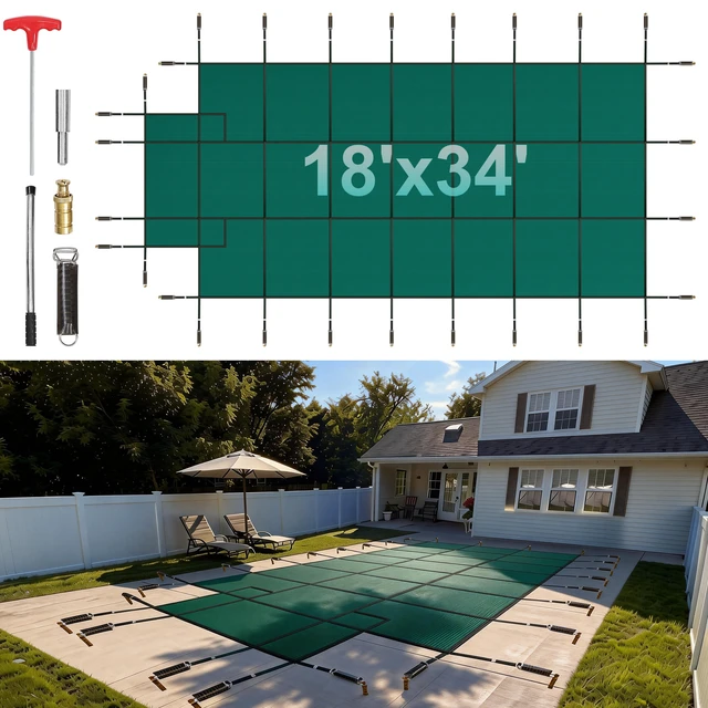 Alt view image 8 of 8 - Pool Safety Cover Fits 16x32ft Rectangle Inground Pools, Safety Pool Cover with 4x10ft Center End Step, Mesh Solid Pool Cover with Drainage Holes for Swimming Pool, Winter Safety Cover, Green