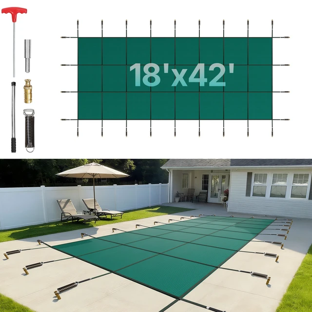 Alt view image 8 of 8 - Pool Safety Cover Fits 16x40ft Rectangle Inground Pools, Safety Pool Cover with Drainage Holes, Mesh Pool Cover for Swimming Pool, Winter Safety Cover, Green