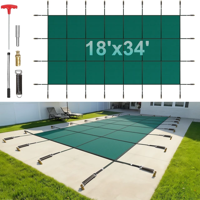 Alt view image 8 of 8 - Pool Safety Cover Fits 16x32ft Rectangle Inground Pools, Safety Pool Cover with Drainage Holes, Mesh Solid Pool Cover for Swimming Pool, Winter Safety Cover, Green
