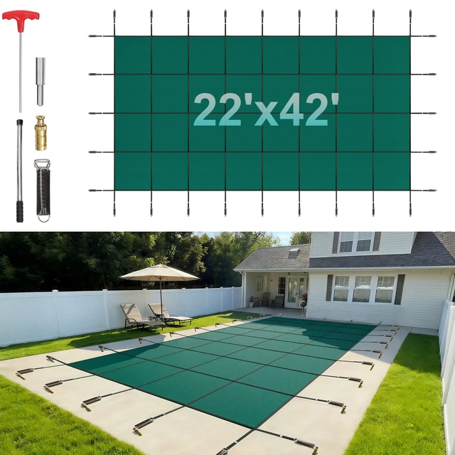 Alt view image 16 of 16 - Pool Safety Cover Fits 20x40ft Rectangle Inground Pools, Safety Pool Cover with Drainage Holes, Mesh Solid Pool Cover for Swimming Pool, Winter Safety Cover, Green