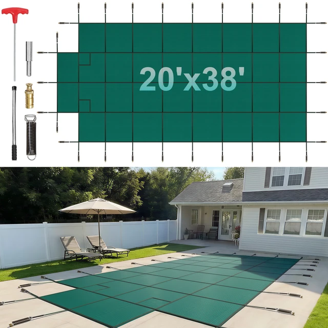 Alt view image 8 of 8 - Pool Safety Cover Fits 18x36ft Rectangle Inground Pools, Safety Pool Cover with 4x10ft Center End Step, Mesh Solid Pool Cover with Drainage Holes for Swimming Pool, Winter Safety Cover, Green