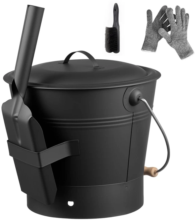 Alt view image 8 of 8 - Ash Bucket, 4 PCS with Lid, Shovel, Broom and Gloves, Metal Fireplace Charcoal Bucket and Ash Can, 2.6 GAL Large Capacity for Fireplace, Fire Pits, Wood Burning Stoves, Indoor and Outdoor
