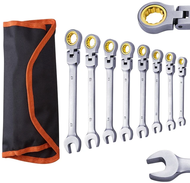 Alt view image 10 of 10 - Flex-Head Ratcheting Wrench Set, 8-piece Combination Wrench Set with Roll-up Pouch, Cr-V Steel Flexible Ratcheting Wrench Set Metric 8 mm to 17 mm, Ideal for General Household, Auto Repairs