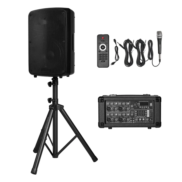 Alt view image 8 of 8 - Professional PA System, 800W Powered, Sound System Set with 6 Channel Mixer, Dual Speakers, Wireless Bluetooth, Microphone, Compact Stands, USB SD XLR Inputs, Remote Control, for DJs Events