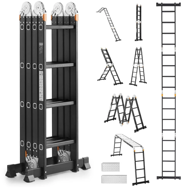 Alt view image 8 of 8 - Multi-Purpose Folding Ladder 7-in-1 4 Step 15.5ft with Scaffolding Plank