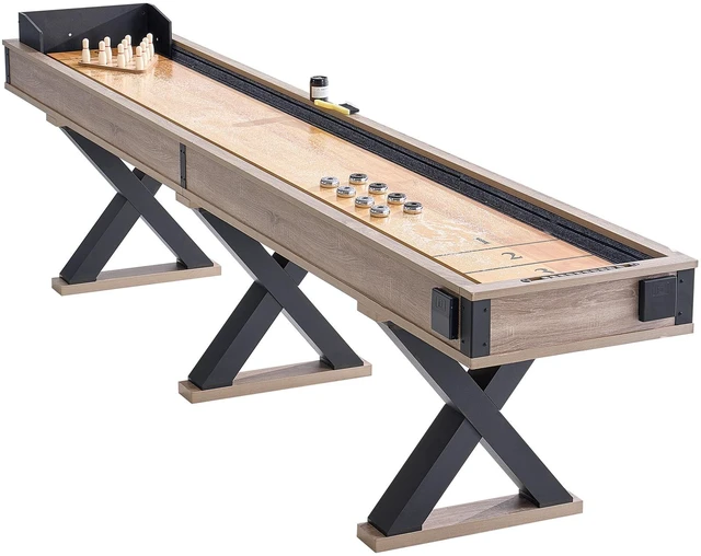 Alt view image 8 of 8 - Shuffleboard Table, 11.5 ft Shuffleboard for Family Game Rooms, 2 in 1 Shuffleboard and Bowling Combo Game Set, with Scratch-Resistant Playfield, Legs, 8 Pucks, Bowling Set, Wax, and Table Brush