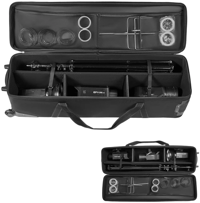 Alt view image 15 of 15 - Studio Equipment Trolley Case, 51.57 x 14.37 x 14.96 in / 131 x 36.5 x 38 cm, Rolling Camera Bag, Carrying Bag with Wheels Straps Padded Compartment Handle, for Light Stands, Tripods, Telescopes