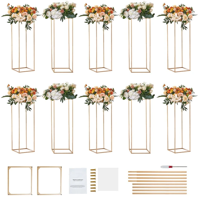 Alt view image 15 of 15 - 10PCS 31.5inch High Wedding Flower Stand, With Acrylic Laminate,Metal Vase Column Geometric Centerpiece Stands, Gold Rectangular Floral Display Rack for Events Reception, Party Decoration