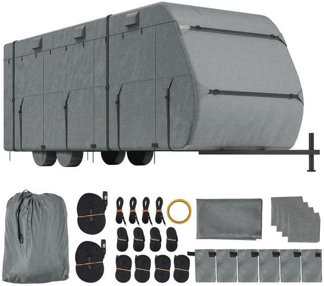 Alt view image 16 of 16 - Travel Trailer Cover, 28-31 ft RV Cover, Top 300D Oxford Fabric Camper Cover, Waterproof, Windproof and Rip-Stop Class A RV Cover, with Storage Bag, Repair Patches, Straps and Tire Covers