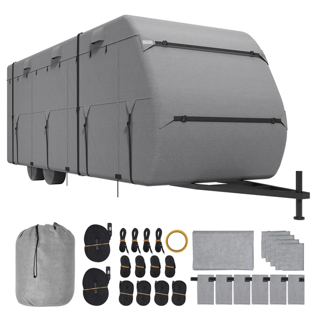 Alt view image 16 of 16 - Travel Trailer Cover, 27-30 ft RV Cover, 4-Layer Non-Woven Fabric Camper Cover, Waterproof, Windproof and Rip-Stop Class A RV Cover, with Storage Bag, Repair Patches, Straps and Tire Covers