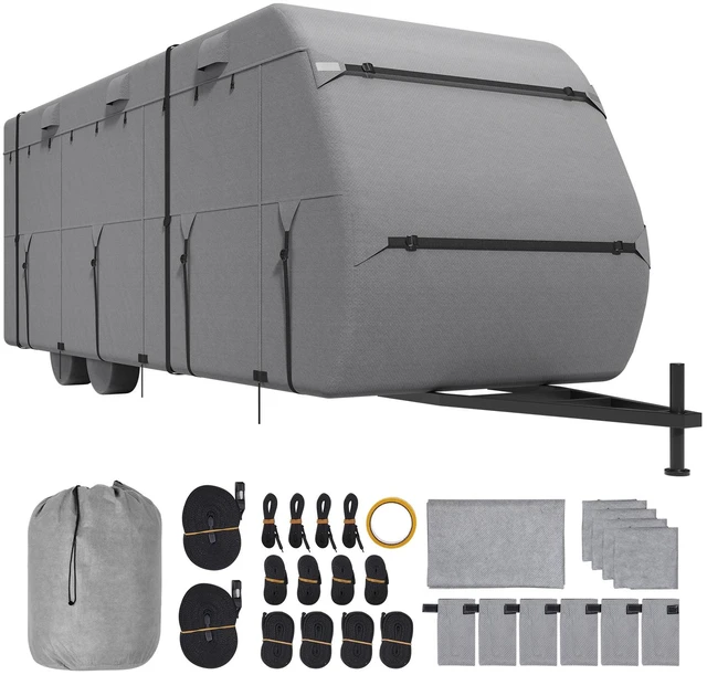 Alt view image 11 of 11 - Travel Trailer Cover, 30-33 ft RV Cover, 4-Layer Non-Woven Fabric Camper Cover, Waterproof, Windproof and Rip-Stop Class A RV Cover, with Storage Bag, Repair Patches, Straps and Tire Covers