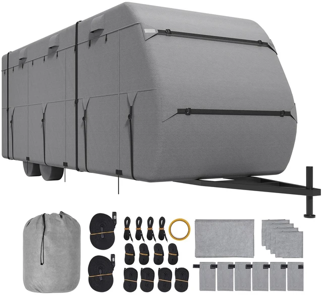 Alt view image 16 of 16 - Travel Trailer Cover, 24-27 ft RV Cover, 4-Layer Non-Woven Fabric Camper Cover, Waterproof, Windproof and Rip-Stop Class A RV Cover, with Storage Bag, Repair Patches, Straps and Tire Covers