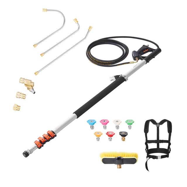 Alt view image 8 of 8 - Pressure Washer Telescoping Wand, 24 ft, 4000 psi, Telescopic Spray Wand with Power Washer Extension Wands, Gutter Cleaner, Brush Head, Pivoting Coupler, 7 Spray Nozzles and Support Harness