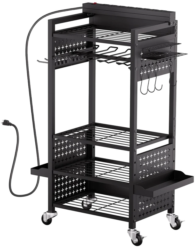 Alt view image 8 of 8 - 5-tier Tool Organizer Cart with Charging Station, 8 AC Outlet, Floor Stand Rolling Drill Holder and Tool Battery Storage Rack on Wheels, Garage Floor Rolling Storage Cart for Workshop, Garage