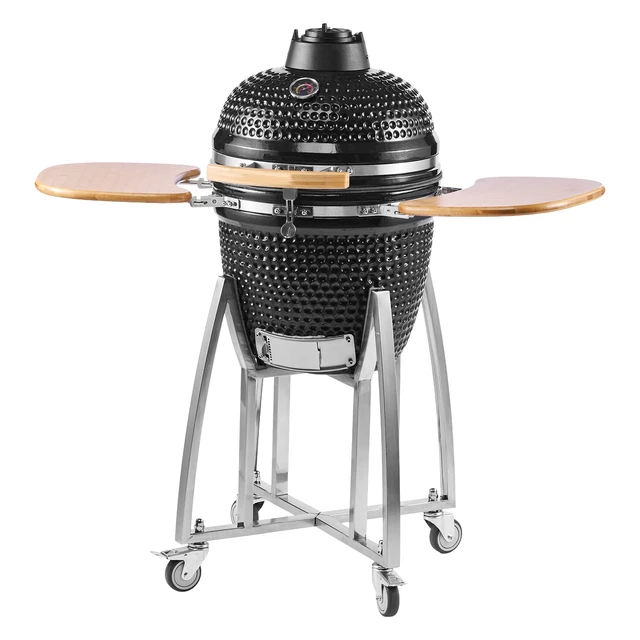 Alt view image 8 of 8 - Charcoal Smoker and Grill, 18" Kamado Charcoal BBQ Smoker, Movable Ceramic Barbecue Grill with 4 Wheels (2 Lockable), Built-in Thermometer, Air Vents & Side Shelf for Outdoor Patio Yard Cooking