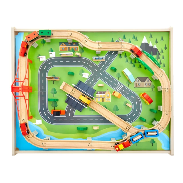Alt view image 15 of 15 - Train Table, 100 Multicolor Pieces Wooden Kids Activity Table with Rolling Storage Drawer, 3-in-1 Wooden Train Set for Gaming, Drawing, Reading, Eating, Creative Toy Set for Kids Ages 3+