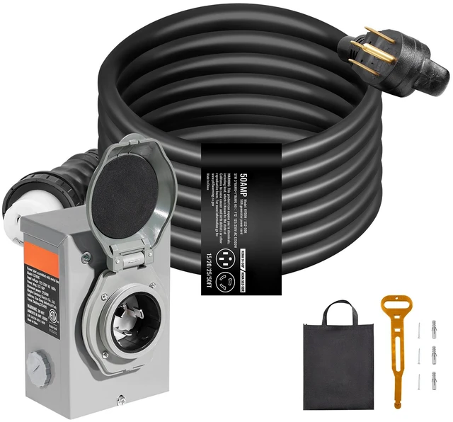 Alt view image 8 of 8 - 50 Amp Generator Cord and Power Inlet Box Kit, 15FT, NEMA 14-50P/SS2-50R STW 6/3+8/1 AWG Generator Power Cord with Twist Lock Connector, Pre-Drilled Inlet Box for Generator to House, ETL Listed