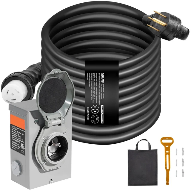 Alt view image 8 of 8 - 50 Amp Generator Cord and Power Inlet Box Kit, 50FT, NEMA 14-50P/SS2-50R STW 6/3+8/1 AWG Generator Power Cord with Twist Lock Connector, Pre-Drilled Inlet Box for Generator to House, ETL Listed