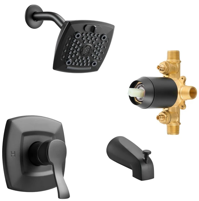 Alt view image 9 of 9 - Tub and Shower Faucet Set, Complete with 5.1-Inch Rainfall Shower Head and Bathtub Spout, 5-Setting Adjustable Spray, Single-Handle Tub Trim Kit with Brass Pressure Balancing Valve, Matte Black