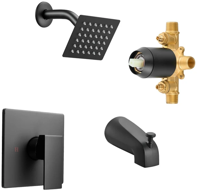 Alt view image 9 of 9 - Tub and Shower Faucet Set, Complete with 4-Inch Rainfall Shower Head and Bathtub Spout, Single-Spray Single-Handle Tub Trim Kit with 304 Stainless Steel Valve Trim for Bathrooms, Matte Black